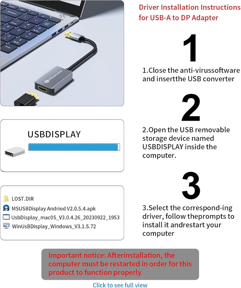 REBORN USB 3.0 to DisplayPort Adapter, 1080P@60Hz USB 3.0 Male to DisplayPort Female Multi-Display Cable Converter Suitable for MAC OS, Windows 7/8/10/11 - Image 3